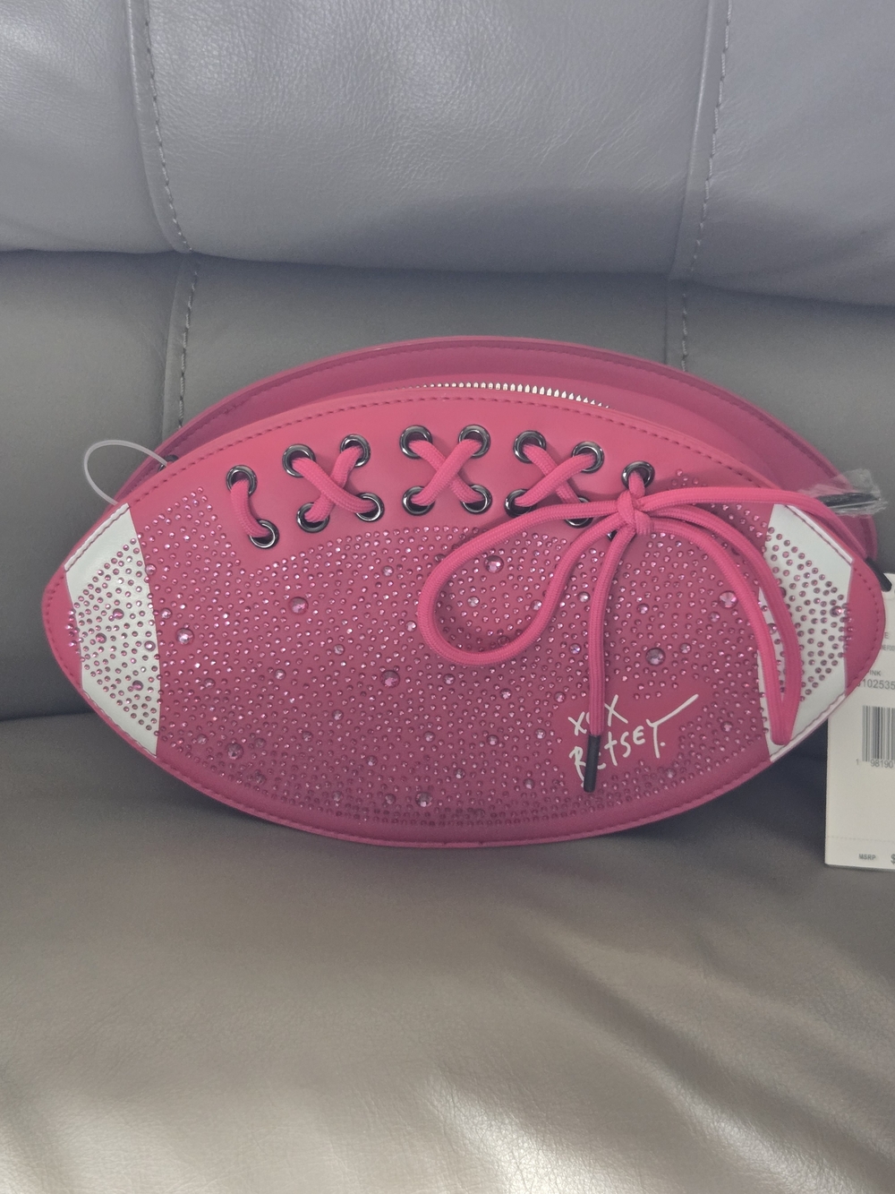 Betsey Johnson Sequin Football Pink Rhinestone Lace-Up Crossbody Bag With Pouch
